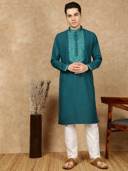 Sanwara - Men Firozi Cotton Front Katha Stitch Work Teal Kurta with Pant