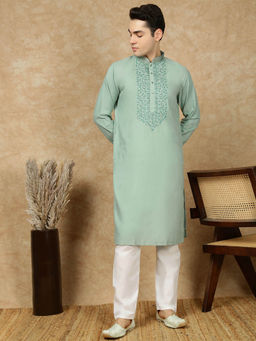 Sanwara - Men Green Cotton Front Katha Stitch Work Kurta with Pant