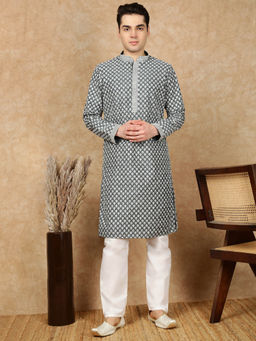 Sanwara - Premium Silk Blend Embroidered Firozi Teal Kurta with Pant