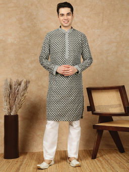 Sanwara - Premium Silk Blend Embroidered Olive Green Kurta with Pant