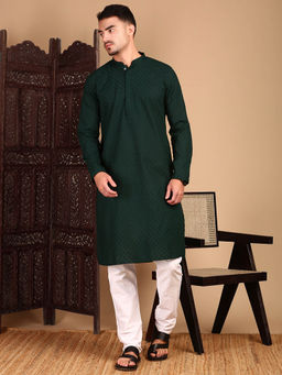 Sanwara - Men's Deep Green Solid Chikankari Kurta with Pant