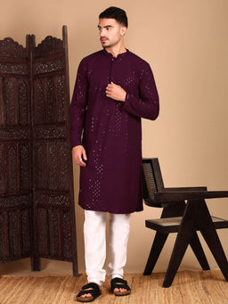 Sanwara - Sequin Chikankari Work Purple Kurta with Pant