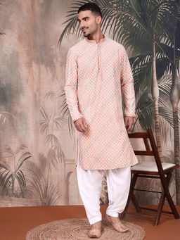 Sanwara - Men's Handcrafted Pink Cotton Sequin Kurta with Pant