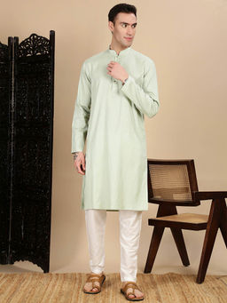 Sanwara - Men Pista Green Textured Cotton Kurta with Pant