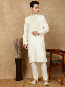 Sanwara - Premium Silk Blend Embroidered Off White Kurta with Pant
