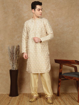 Sanwara - Heritage Deep Beige Men Jacquards Floral Printed Kurta with Pant