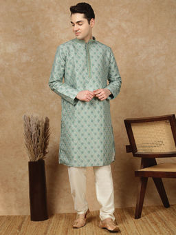 Sanwara - Heritage Parrot Green Men Jacquards Floral Printed Kurta with Pant