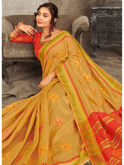 Sangam Prints - Golden Woven Work Traditional Saree with Unstitched Blouse