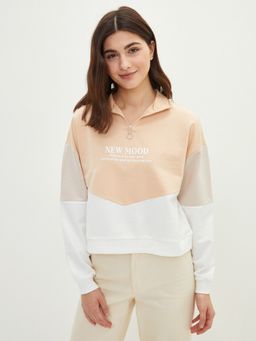 LC WAIKIKI - Ecru High Collar Colour Block Long Sleeve Women's Sweatshirt