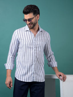 CRIMSOUNE CLUB - Men's White Vertical Stripes Cotton Shirt