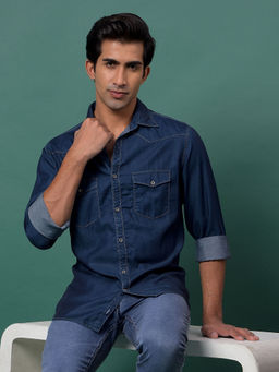 CRIMSOUNE CLUB - Men's Blue Cotton Denim Shirt