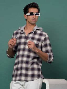 CRIMSOUNE CLUB - Men's Brown Checked Cotton Hooded Neck Shirt