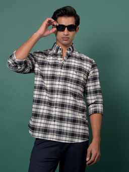 CRIMSOUNE CLUB - Men's Black Checked Cotton Button-Down Collar Shirt