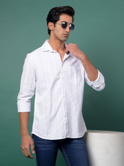 CRIMSOUNE CLUB - Men's White Vertical Stripes Cotton Shirt