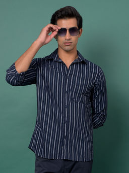 CRIMSOUNE CLUB - Men's Navy Blue Vertical Stripes Cotton Shirt