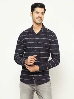 CRIMSOUNE CLUB - Men's Navy Blue Horizontal Stripes Cotton Shirt