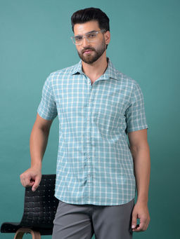 CRIMSOUNE CLUB - Men's Turquoise Checked Cotton Shirt