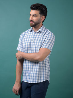 CRIMSOUNE CLUB - Men's Blue Checked Cotton Shirt