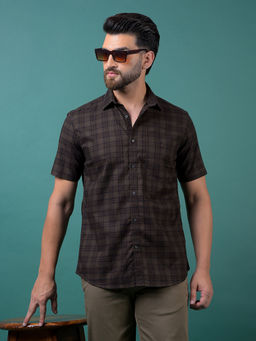 CRIMSOUNE CLUB - Men's Brown Checked Cotton Shirt
