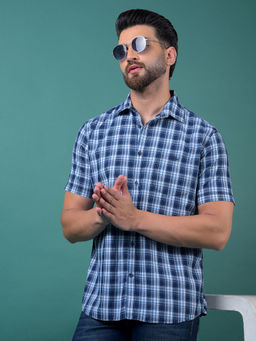 CRIMSOUNE CLUB - Men's Blue Checked Cotton Shirt