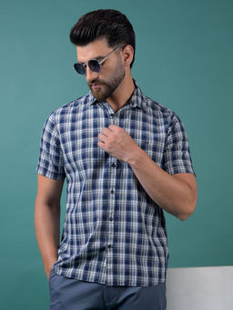 CRIMSOUNE CLUB - Men's Blue Checked Cotton Shirt
