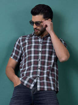 CRIMSOUNE CLUB - Men's Wine Checked Cotton Shirt