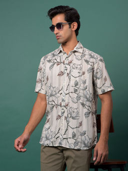 CRIMSOUNE CLUB - Men's Beige Floral Print Linen Shirt