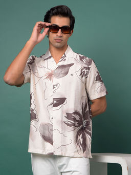 CRIMSOUNE CLUB - Men's Beige Floral Print Resort Collar Shirt
