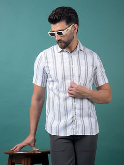 CRIMSOUNE CLUB - Men's White Vertical Stripes Cotton Shirt