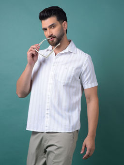CRIMSOUNE CLUB - Men's Beige Vertical Stripes Cotton Shirt