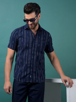 CRIMSOUNE CLUB - Men's Navy Blue Vertical Stripes Cotton Shirt
