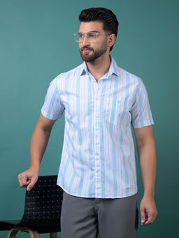 CRIMSOUNE CLUB - Men's Blue Vertical Stripes Cotton Shirt