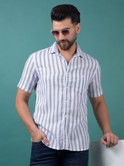 CRIMSOUNE CLUB - Men's White Vertical Stripes Cotton Shirt