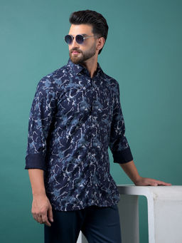 CRIMSOUNE CLUB - Men's Navy Blue Printed Shirt