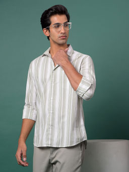 CRIMSOUNE CLUB - Men's Green Vertical Stripes Cotton Shirt