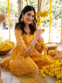 Aurelia - Women Yellow Embroidered Rayon Top with Palazzo & Shrug (Set of 3)