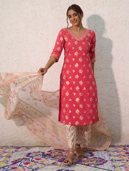 Aurelia - Women Pink Floral Print Cotton Kurta with Palazzo & Dupatta (Set of 3)