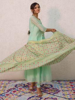 Aurelia - Women Green Floral Print Rayon Anarkali Kurta with Leggings & Dupatta (Set of 3)