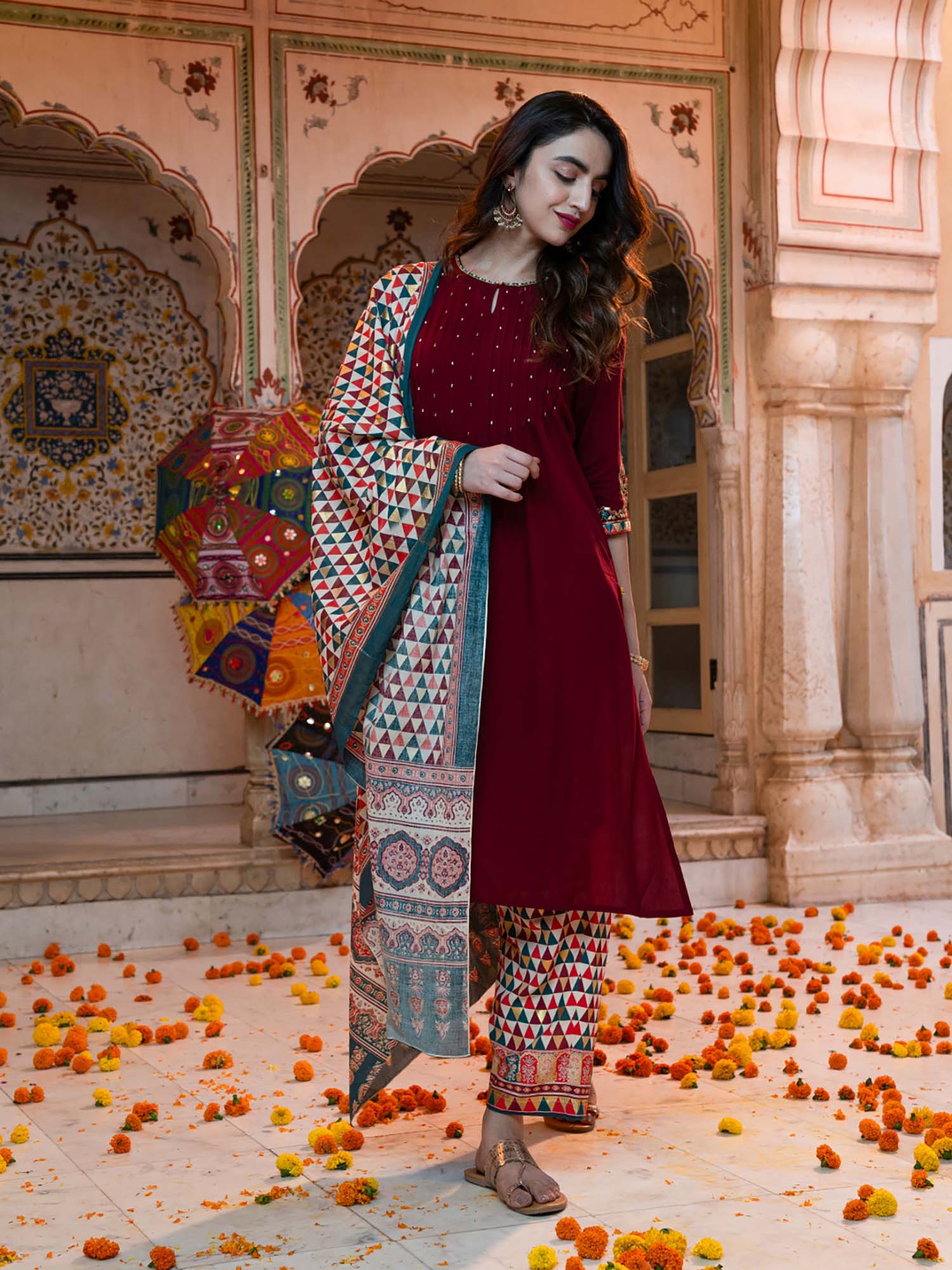 aurelia Maroon Sequined Straight Kurta with Pleated Yoke-picture-11