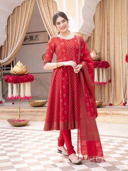 Aurelia - Red Yarn Dyed Embroidered Anarkali Kurta Churidar and Jacquard Dupatta (Set of 3)