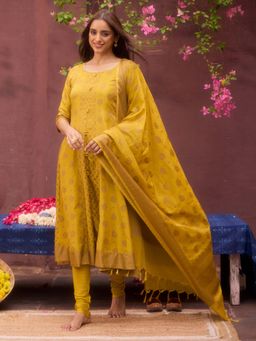 Aurelia - Mustard Yellow Embroidered Anarkali Kurta Churidar and Jacquard Dupatta (Set of 3)