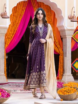 Aurelia - Plum Purple Floral Gold Printed Flared Kalidar Kurta