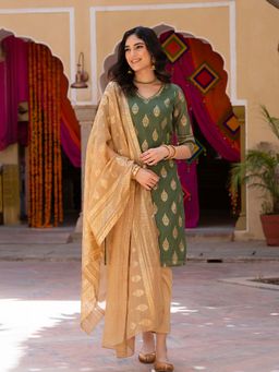 Aurelia - Green Foil Printed Straight Kota Kurta with Embroidered Neck