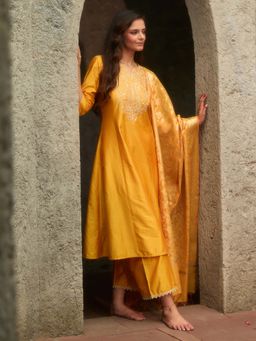 Aurelia - Mustard Yarn Dyed Dori Embroidered Kurta, Palazzo and Dupatta (Set of 3)