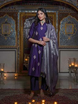 Aurelia - Purple Yarn Dyed Dori Embroidered Anarkali Kurta, Palazzo and Dupatta Set (Set of 3)
