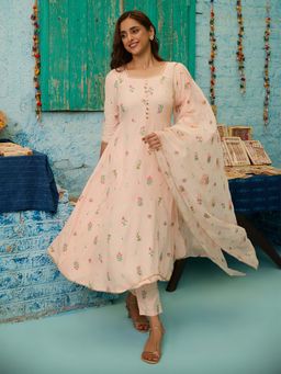 Aurelia - Light Peach Floral Printed Flared Kurta and Pant with Dupatta (Set of 3)