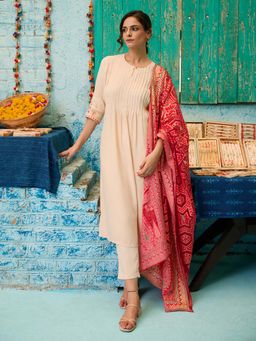 Aurelia - Light Beige Rayon Pin-Tuck Embroidered Kurta and Pant with Dupatta (Set of 3)