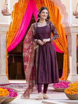 Aurelia - Maroon Zari Embroidered Anarkali Kurta and Leggings with Dupatta (Set of 3)