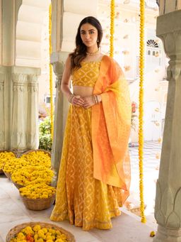 Aurelia - Yellow Zari Embroidered Crop Top with Flared Skirt and Dupatta (Set of 3)