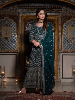 Aurelia - Green Floral Maxi Dress and Dupatta (Set of 2)